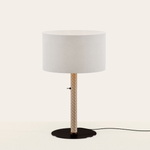 Настольная лампа Coco S1342 черный металл/серо-бежевая кожа с абажуром 801011/35