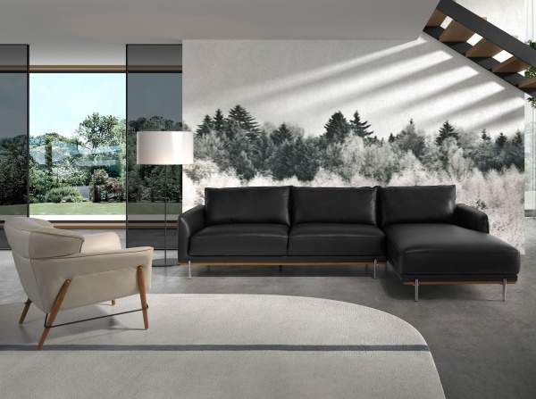 Угловой диван с правым шезлонгом 6197/5607-R-T541040 черная кожа от интернет-магазина IDODOM.RU