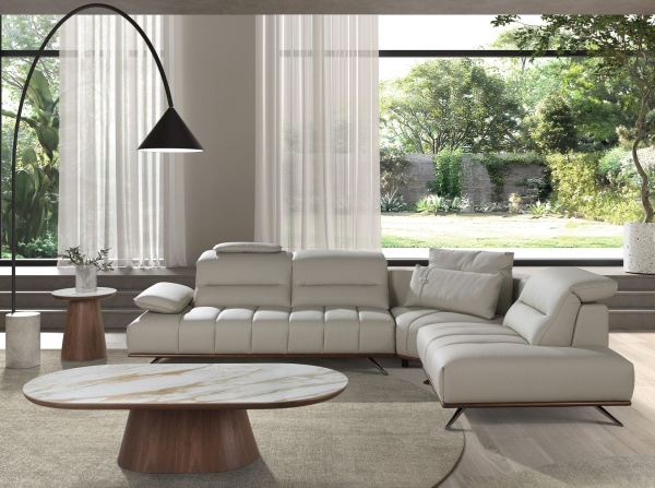 Угловой диван с правым шезлонгом 6244 из светло-серой кожи от интернет-магазина IDODOM.RU