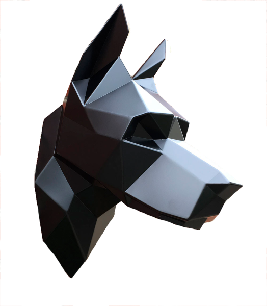 Голова добермана. Полигональная скульптура из углеродистой стали. Финиш: Окрашивание по каталогу цветов Rall. Цвет: Черный матовый.