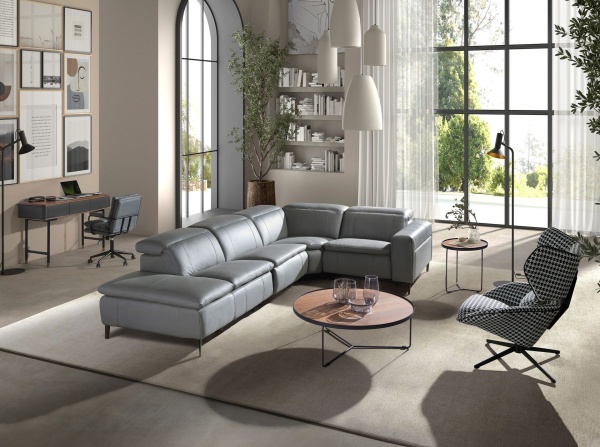 5-местный диван с реклайнером 6218 с левым шезлонгом из серой кожи от интернет-магазина IDODOM.RU