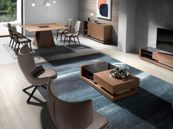 Квадратный обеденный стол MI1412 /1079 из ореха со вставкой из черного стекла от интернет-магазина IDODOM.RU