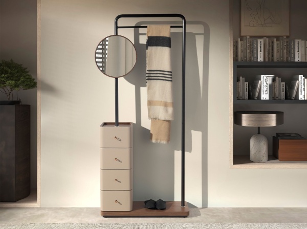 Вешалка для одежды 3281 из кожи, ореха и черной стали с зеркалом от интернет-магазина IDODOM.RU