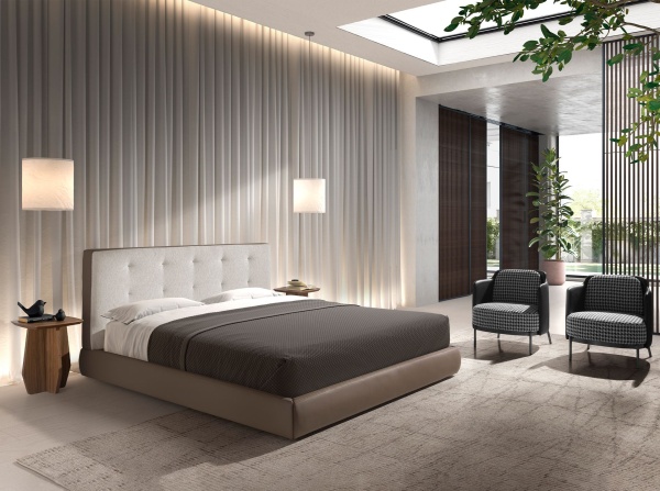 Кровать 7174 с обивкой из коричневой ткани и коричневой эко-кожи 180x200 см от интернет-магазина IDODOM.RU