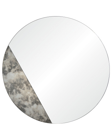 Современный дизайн круглого настенного зеркала “Хьюз” исследует контраст между светлым и темным. Кусочек состаренного зеркального стекла затмевает часть идеально отполированного прозрачного круга, разделяя красоту и создавая неожиданный дизайн. Зеркало в 