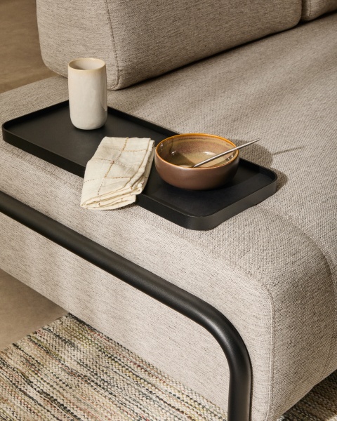 2-местный диван Compo серо-бежевого цвета с малым журнальным столиком и чёрным каркасом от интернет-магазина IDODOM.RU