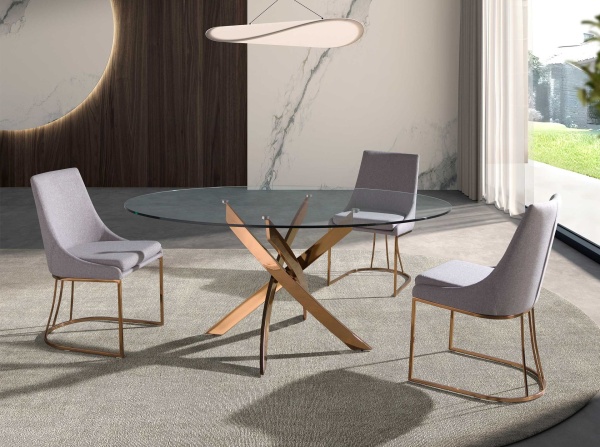 Круглый обеденный стол 1169 из стекла и стали цвета розового золота Ø110 от интернет-магазина IDODOM.RU