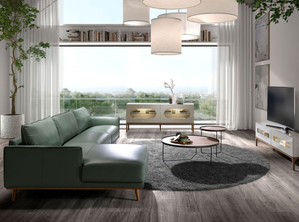 Угловой диван с левым шезлонгом 6200/5607-L-M5677 из зеленой кожи от интернет-магазина IDODOM.RU