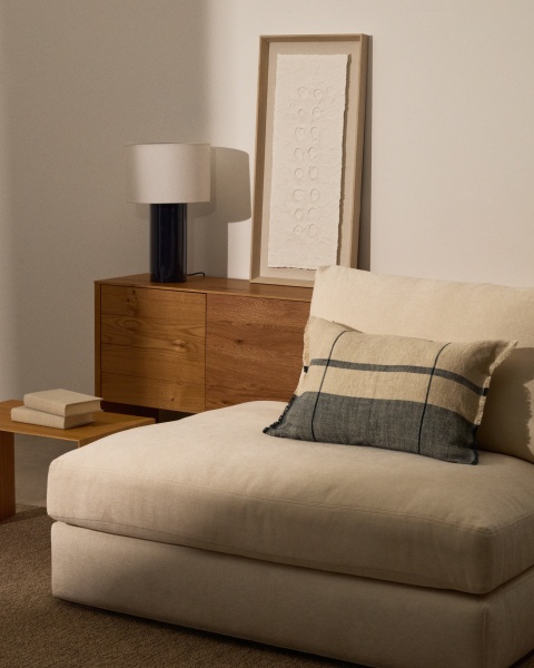 Чехол для подушки Eron из льна бежевого и синего цвета с бахромой 40 x 60 см от интернет-магазина IDODOM.RU