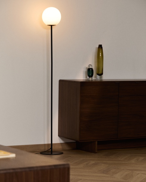 Торшер Brisia из черного металла с матовым стеклянным шаром Ø20 от интернет-магазина IDODOM.RU