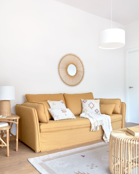 Диван-кровать Tanit горчичный с ножками из массива бука с натуральной отделкой 210 см от интернет-магазина IDODOM.RU