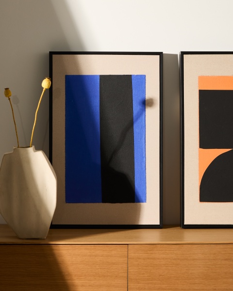 Zernu Абстрактная картина с синими и чёрными вертикальными линиями 42 x 65 см от интернет-магазина IDODOM.RU