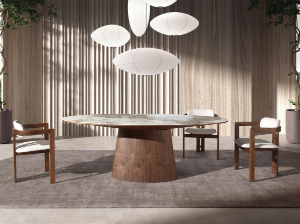 Овальный обеденный стол 1177 с мраморной керамикой и орехом от интернет-магазина IDODOM.RU