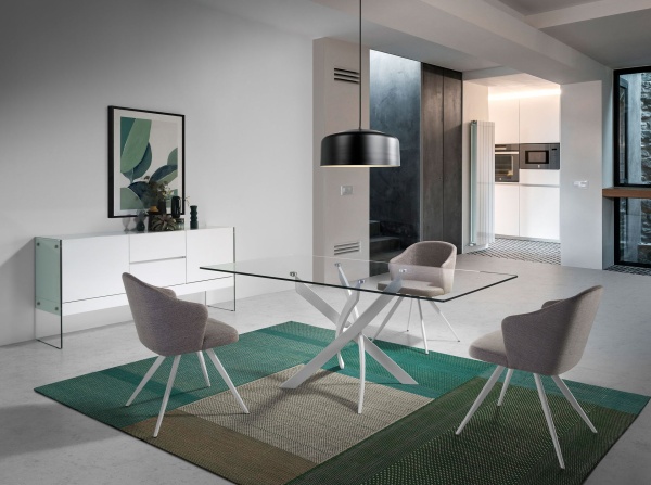 Прямоугольный обеденный стол из закаленного стекла и белой стали 1138-160x95 от интернет-магазина IDODOM.RU