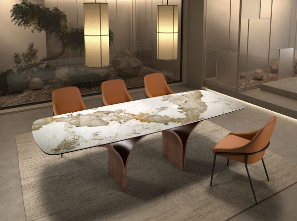 Раздвижной стол 1156 из керамики с эффектом мрамора и стали с отделкой под орех от интернет-магазина IDODOM.RU