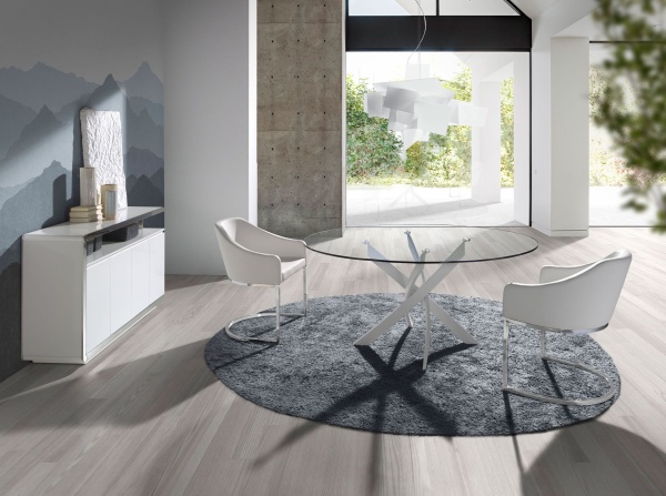 Круглый обеденный стол из закаленного стекла и белой стали 1138-Ø120 от интернет-магазина IDODOM.RU