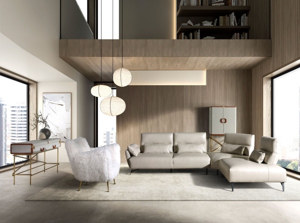 5-местный диван с реклайнером 6213 с правым шезлонгом из песочной кожи от интернет-магазина IDODOM.RU