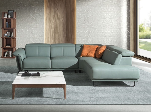 Угловой диван- реклайнер с правым шезлонгом 6252 из бирюзовой кожи от интернет-магазина IDODOM.RU