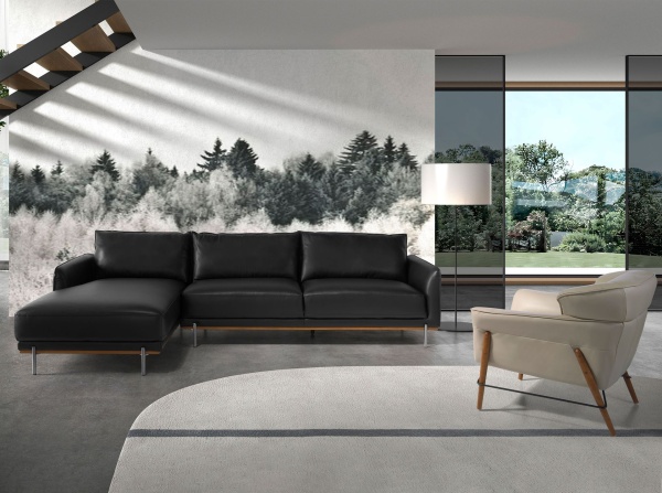 Угловой диван с левым шезлонгом 6198/5607-L-T541040 черная кожа от интернет-магазина IDODOM.RU