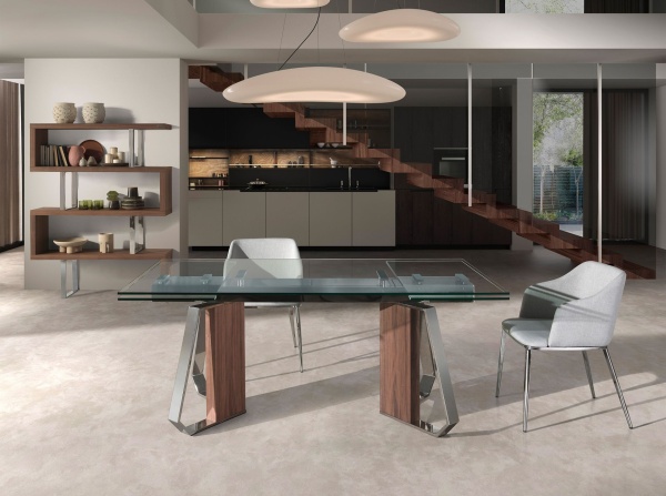 Раздвижной обеденный стол 1159 из стекла, ореха и хромированной стали от интернет-магазина IDODOM.RU