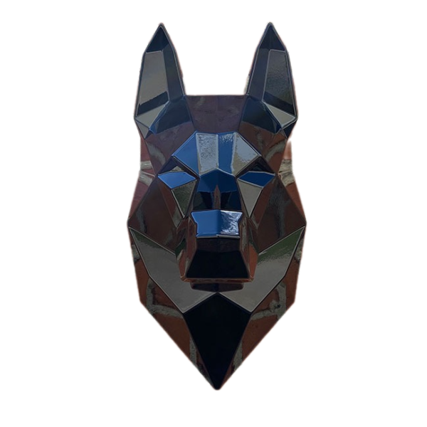 Голова овчарки. Полигональная скульптура из углеродистой стали. Финиш: Окрашивание по каталогу цвета Rall. Цвет: Чёрный глянец.